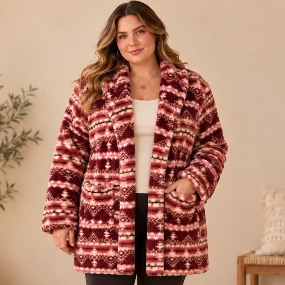 Poppy & Whimsy Womens 2X Sherpa Hooded Cardigan Burgundy Southwestern NWT